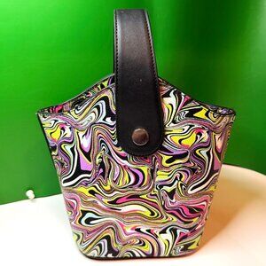 Psychedelic Swirl Faux Leather Bucket Bag Drawstring Top Small Handbag Hippie
